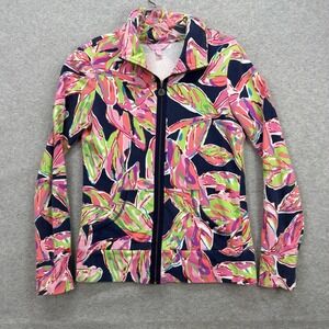 Lilly Pulitzer Jacket Womens Small Navy Leona Zip Up Pink Tropical Leaf Beach